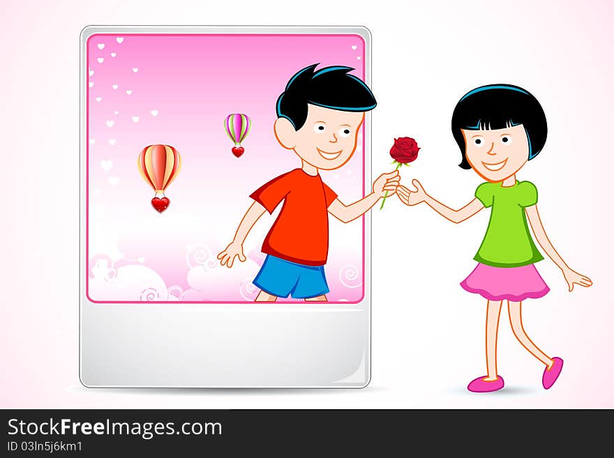 Illustration of boy proposing girl coming out from photo frame