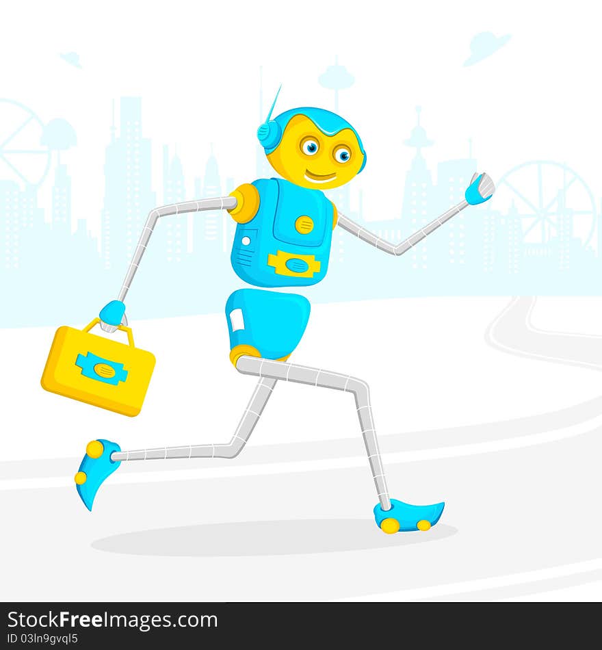 Illustration of robot running with briefcase on road