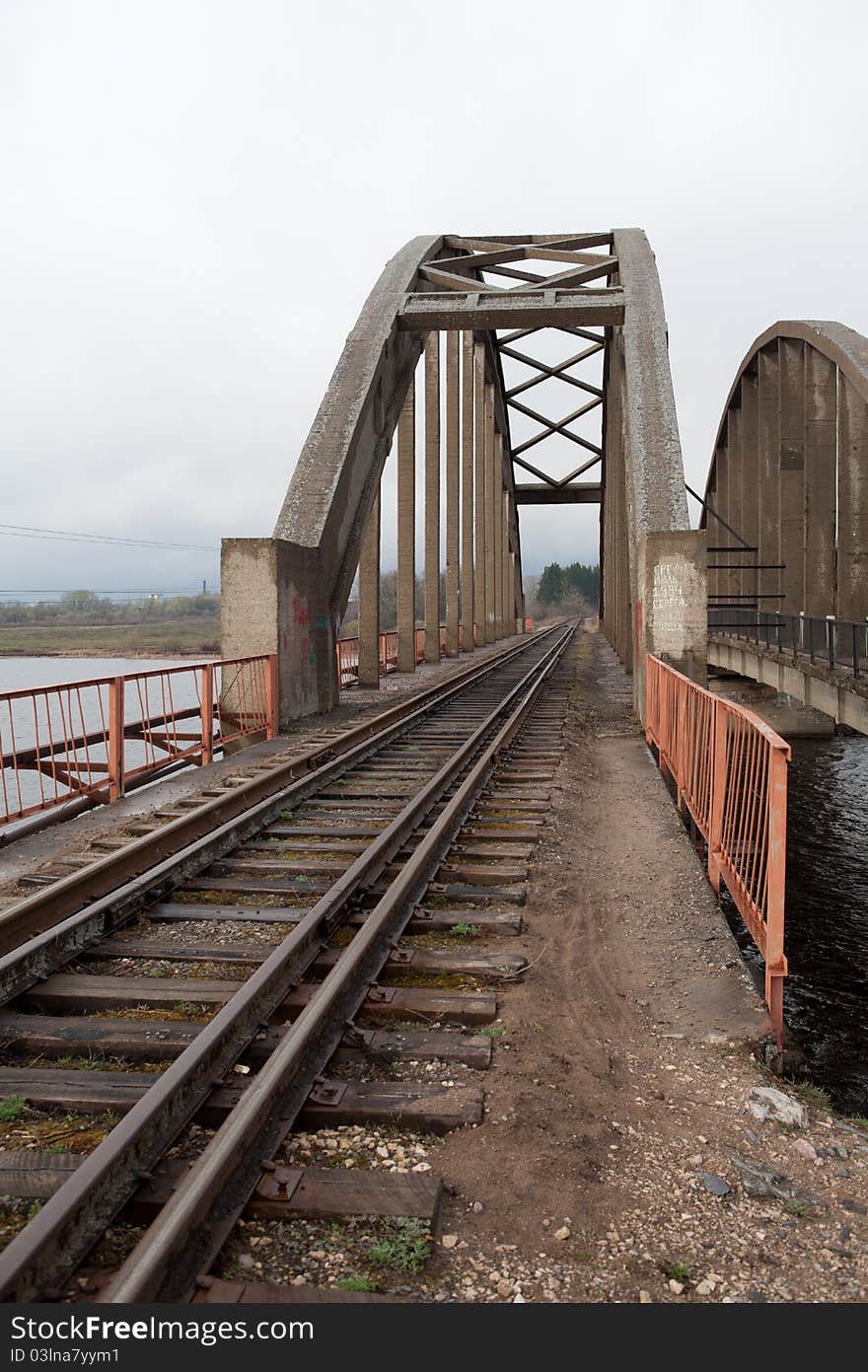 Railway bridge through Volga river In Kalyazin. Russia