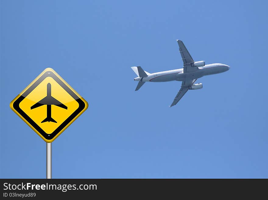 Airplane warning sign on blue sky background