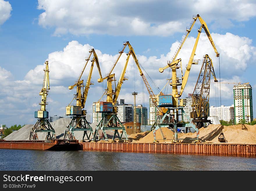 Working cranes. North river port. Moscow.