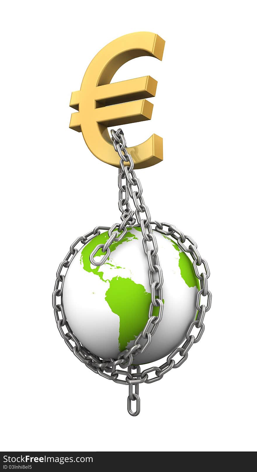 Render of a euro symbol that trapped our planet with chains. Render of a euro symbol that trapped our planet with chains.