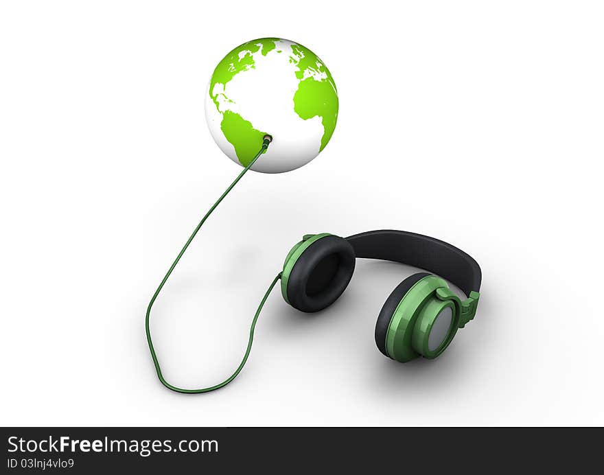 Render of headphones connected to our planet. Render of headphones connected to our planet