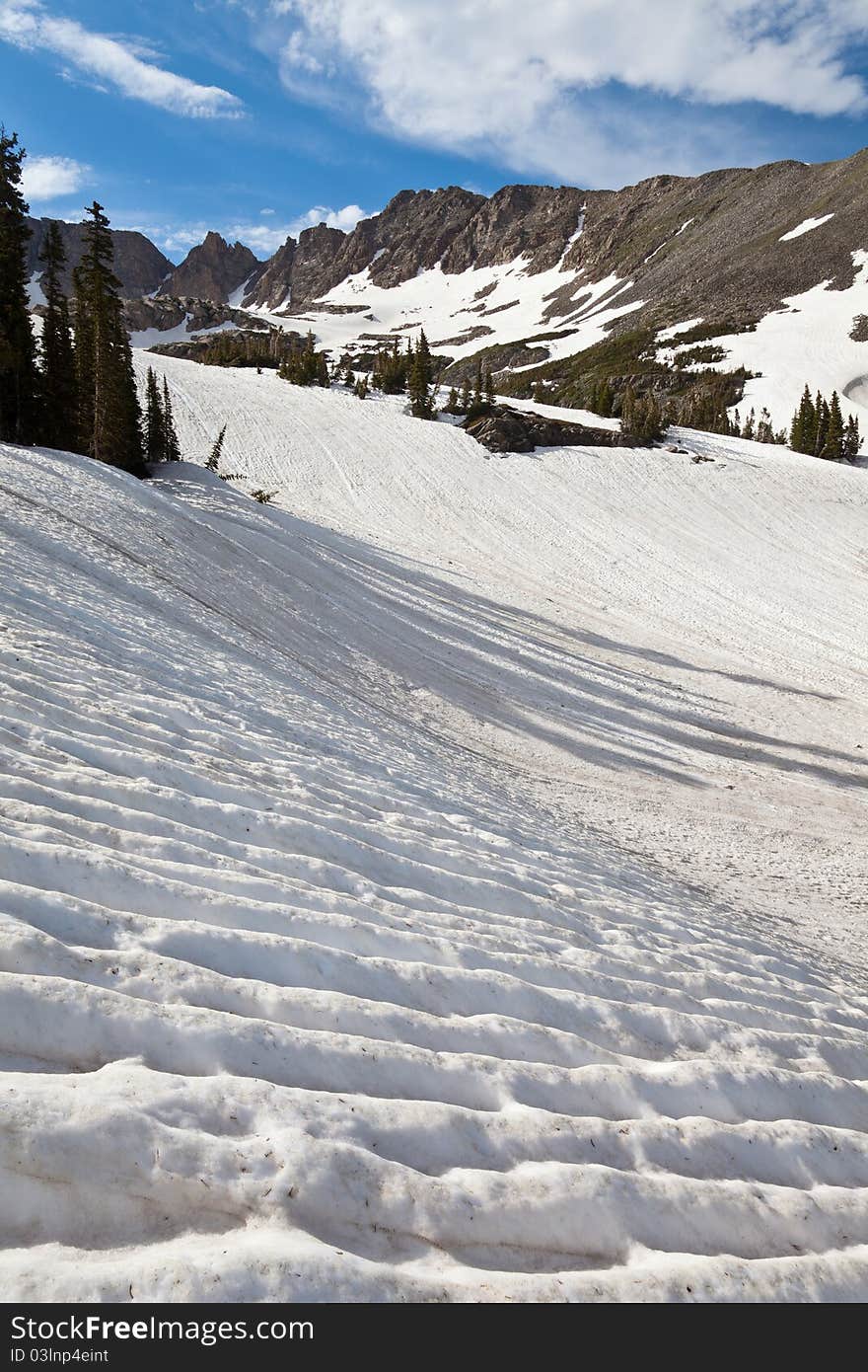 Early Summer snow melting patterns at Indian Peaks Wilderness, Colorado.