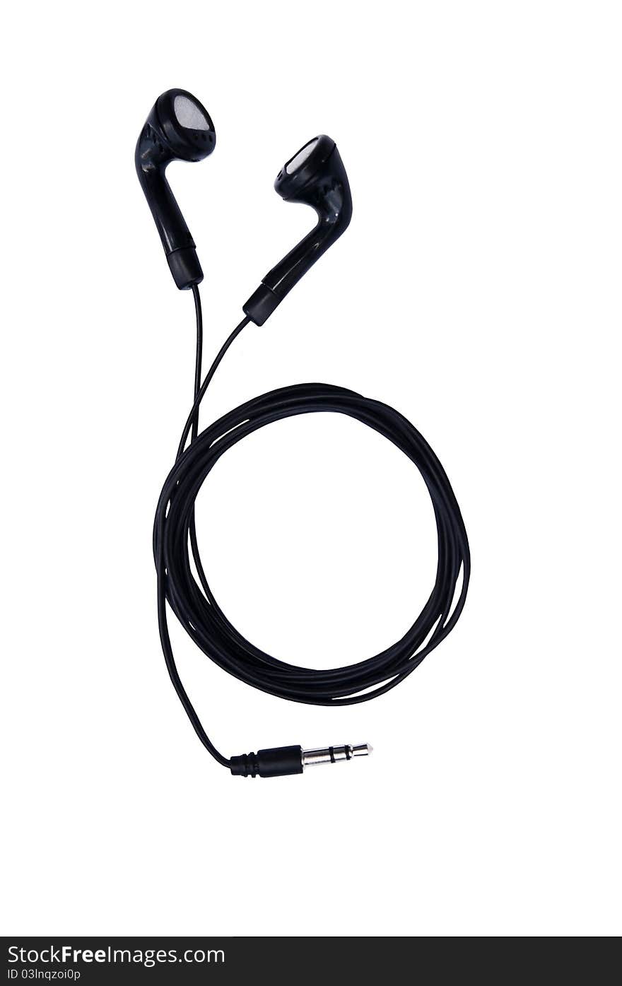 Black isolated earphones with winded round cord. Black isolated earphones with winded round cord