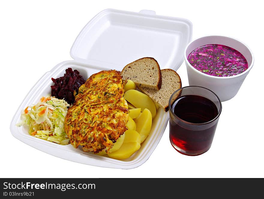 Dinner set to take away. Boiled potatoes, chicken fillet, salads, cold soup and juice. Isolated on white background.