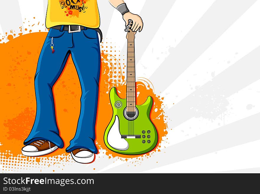 Illustration of young man holding guitar on abstract background