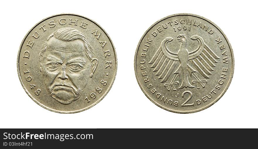 Obsolete German coin in two marks (isolated, both parties of a coin). Obsolete German coin in two marks (isolated, both parties of a coin)