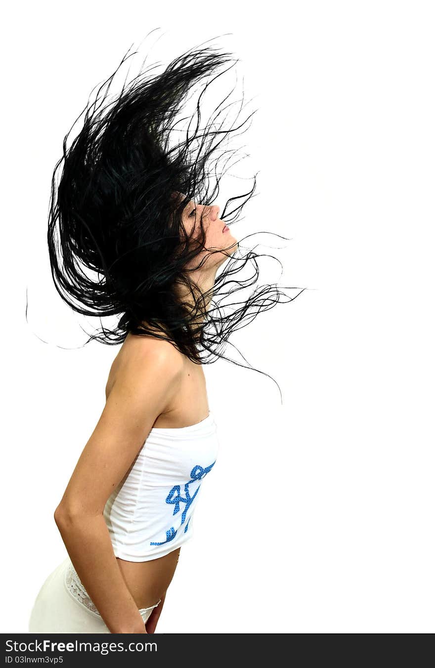 Girl with flowing hair on a white background. Girl with flowing hair on a white background