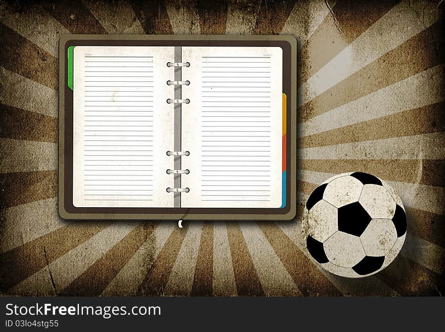 Football and blank notebook on grunge vintage background