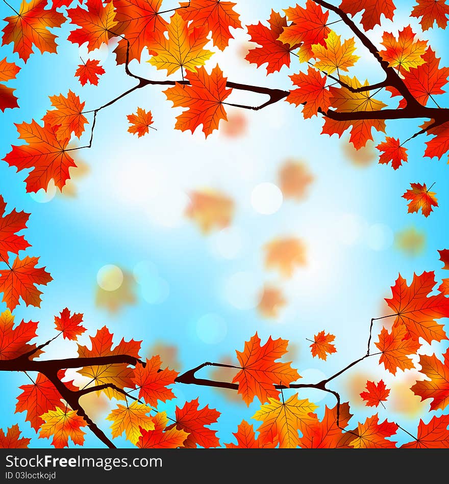 Red and yellow leaves against a bright blue sky. Bokeh effect. EPS 8 file included. Red and yellow leaves against a bright blue sky. Bokeh effect. EPS 8 file included