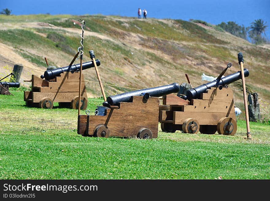 Three lead cannons from the 16th century on display.