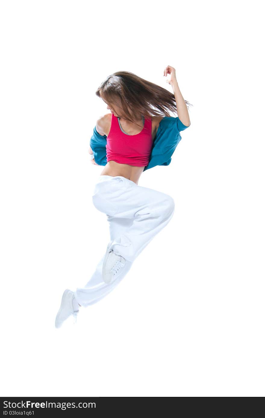 Modern slim style woman dancer jumping