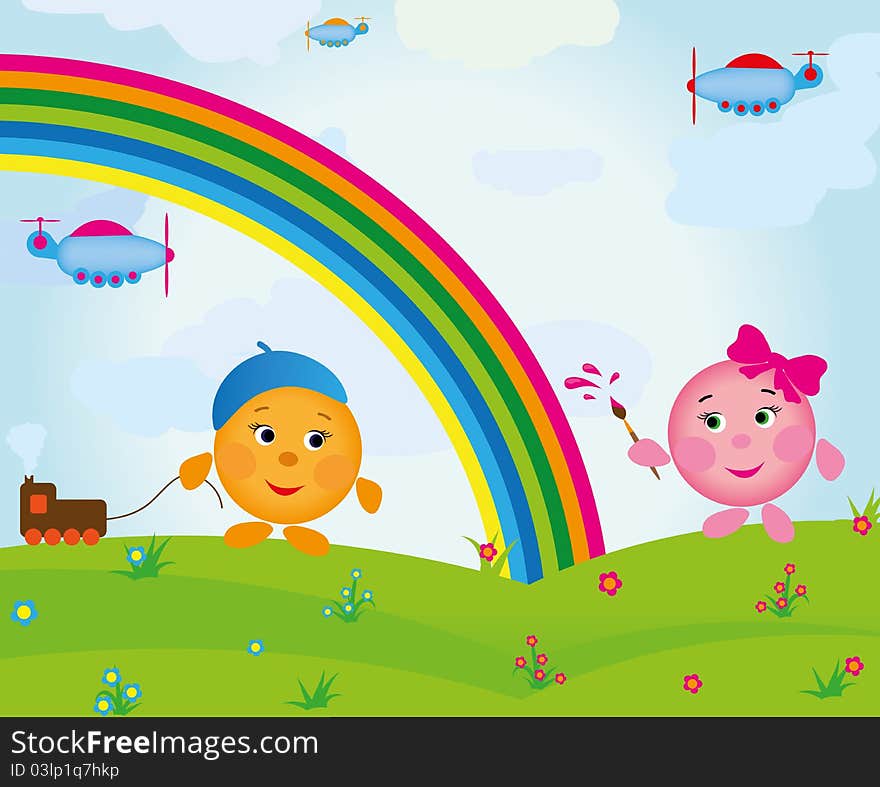 Fun colorful children's illustration with a rainbow. Fun colorful children's illustration with a rainbow