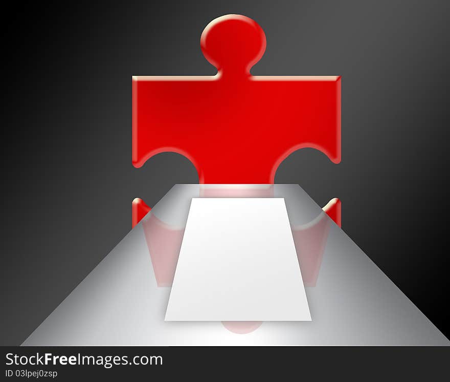 Red puzzle with gray table with white paper over black background. Red puzzle with gray table with white paper over black background