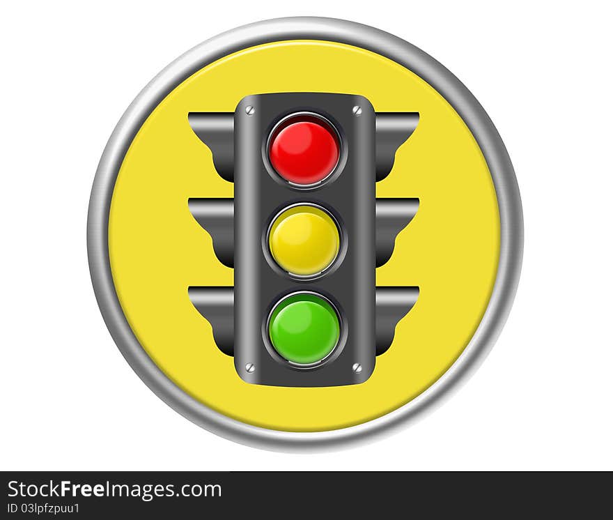 Yellow, red, green traffic light button isolated over white background