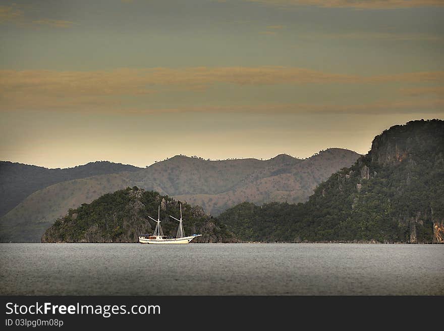 A sightseeing boat off the coast of a Busuanga Island in Palawan. A sightseeing boat off the coast of a Busuanga Island in Palawan.