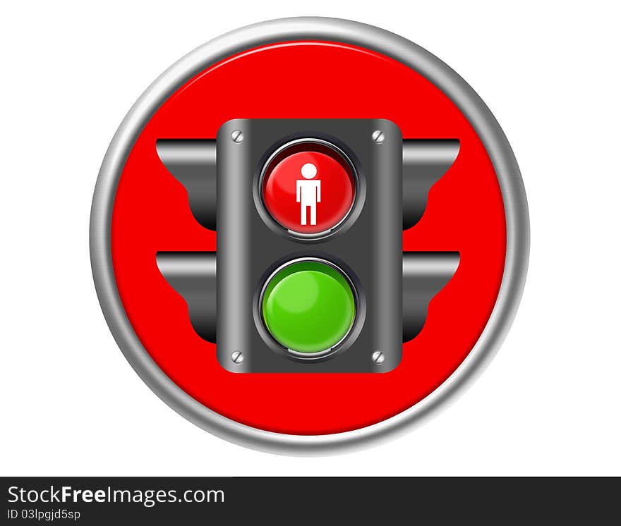 Black traffic light, stop sign button isolated over white background. Black traffic light, stop sign button isolated over white background