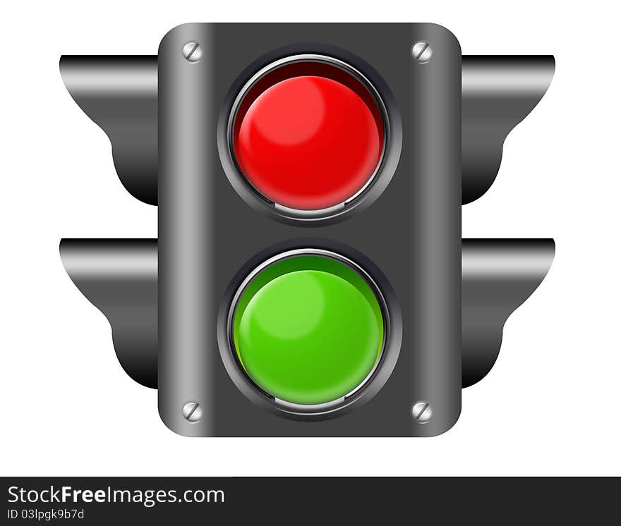 Black, red and green pedestrian light isolated over white background