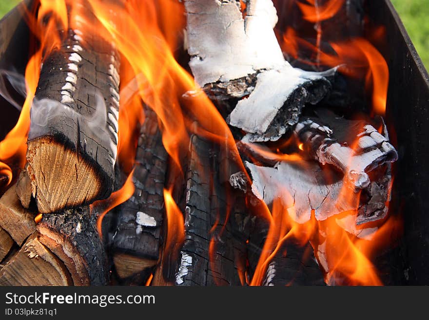 Dry wood burns slowly in the grill. Dry wood burns slowly in the grill