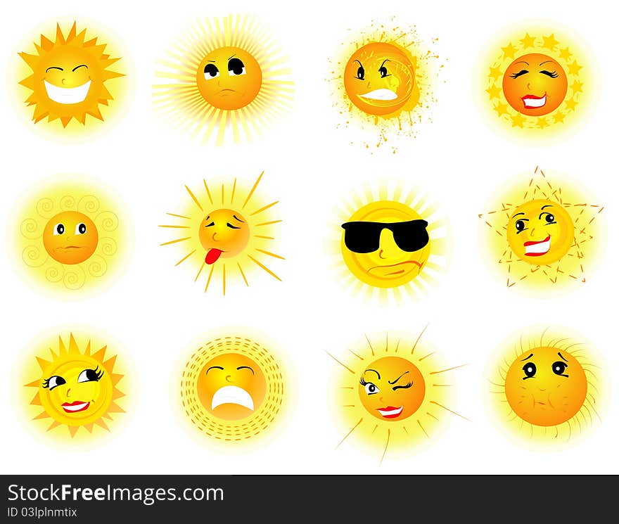 Sun with many expressions on white