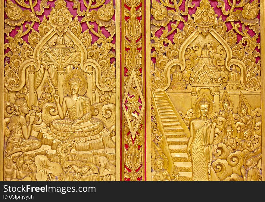 Traditional northern Thai style apart of temple doors.Generality in Thailand,any kind of art decorated in Buddhist church,temple hall,monk's house etc.created with money donated by people to hire artist, They are public domain or treasure of Buddhism, no restrict in copy or use,no name of artist appear(but ,if there is artist name ,it only for tell who is the artist of work ,not for copyright)This photo is taken under these conditions. Traditional northern Thai style apart of temple doors.Generality in Thailand,any kind of art decorated in Buddhist church,temple hall,monk's house etc.created with money donated by people to hire artist, They are public domain or treasure of Buddhism, no restrict in copy or use,no name of artist appear(but ,if there is artist name ,it only for tell who is the artist of work ,not for copyright)This photo is taken under these conditions.