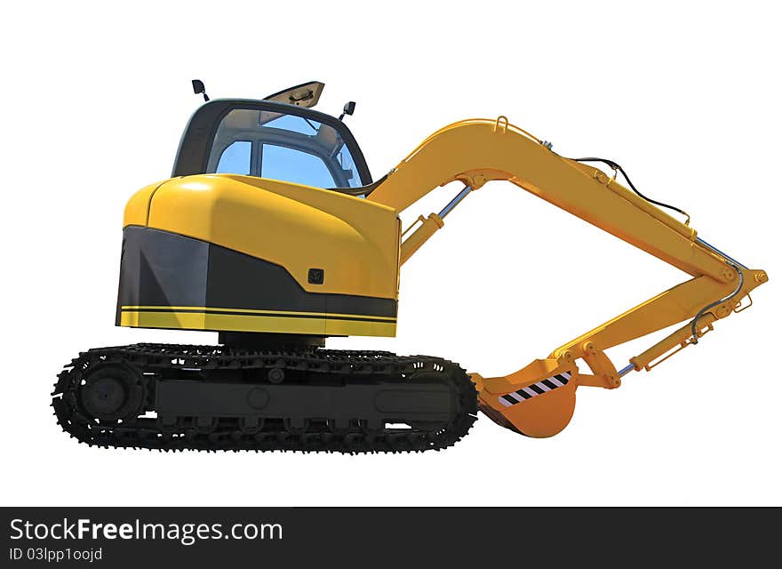 Shiny and modern yellow excavator machines isolated on white