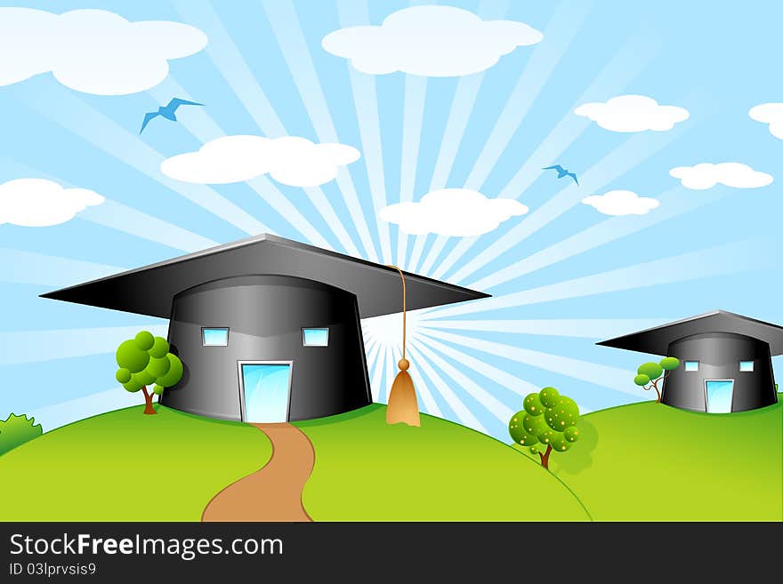 Illustration of mortar board shape school on landscape