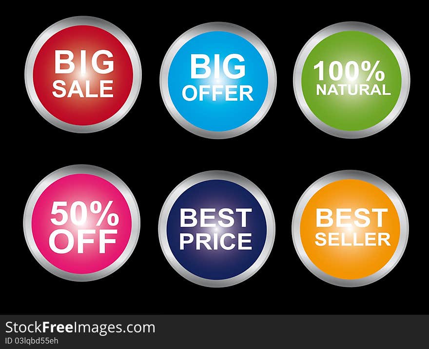 Colored buttons with silver edge isolated over black background