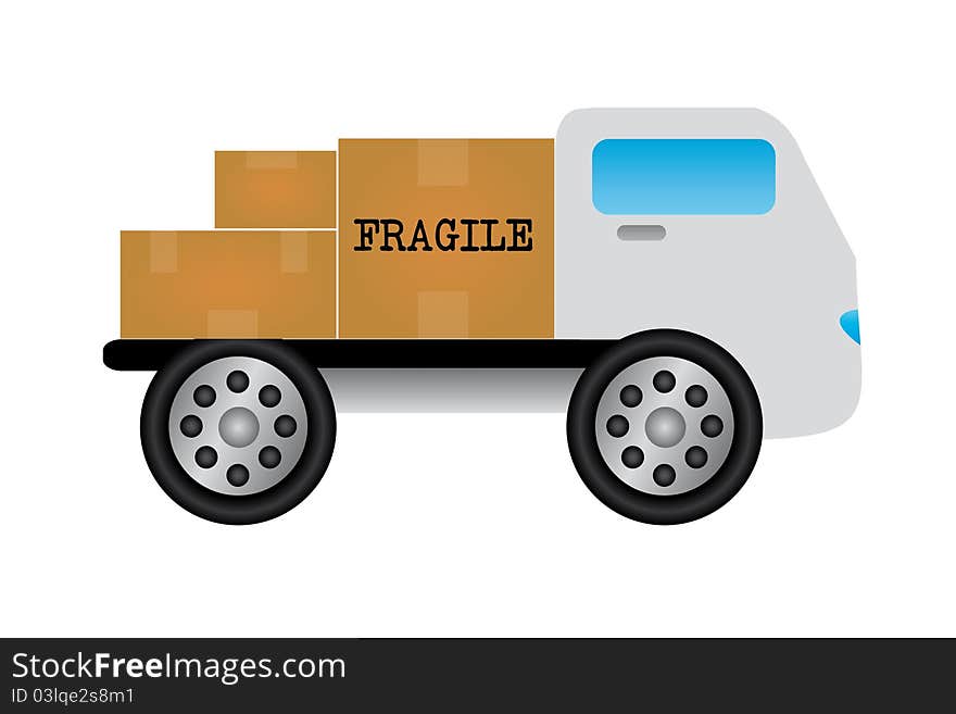 White truck with fragile merchandise isolated over white background. White truck with fragile merchandise isolated over white background