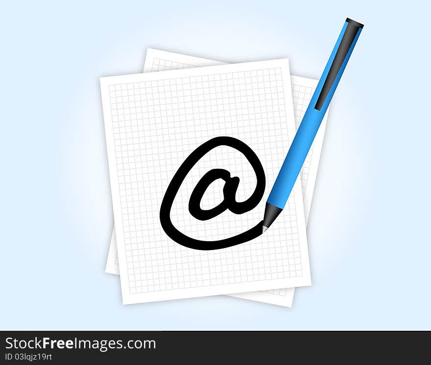 White paper with blue pen drawing sign over blue background. White paper with blue pen drawing sign over blue background