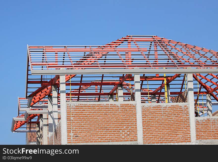 Brick wall and roof of home construction