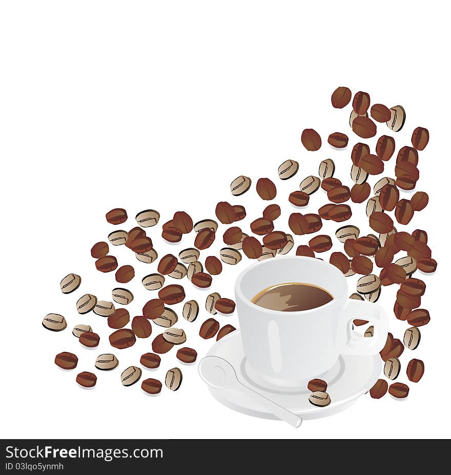 Coffee cup and grain on white background