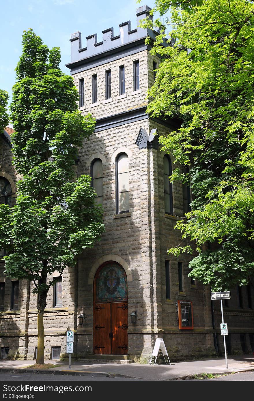 An old historic Lutheran church building in downtown Portland Oregon. An old historic Lutheran church building in downtown Portland Oregon.