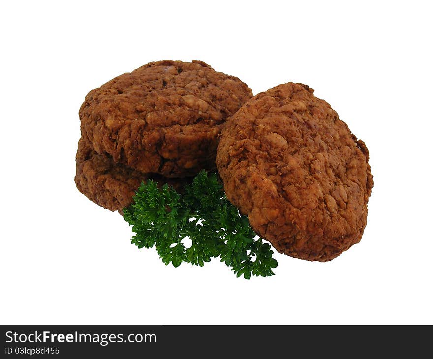 Frikadella sausage with parsley on a white background