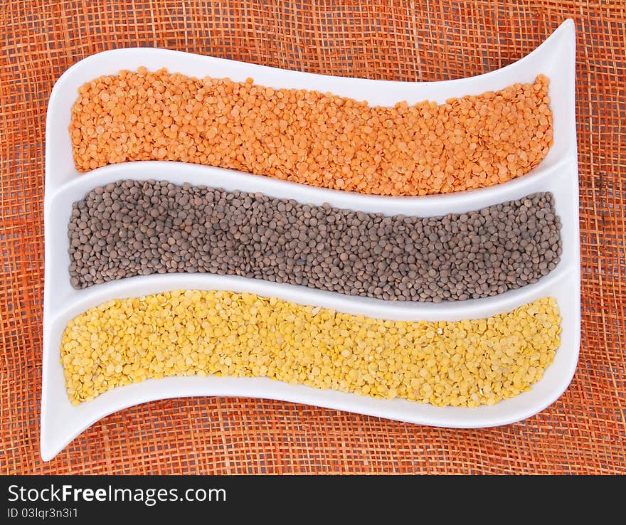 Three types of dried lentils