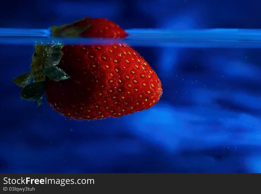 Strawberry submerged in water bath. Strawberry submerged in water bath