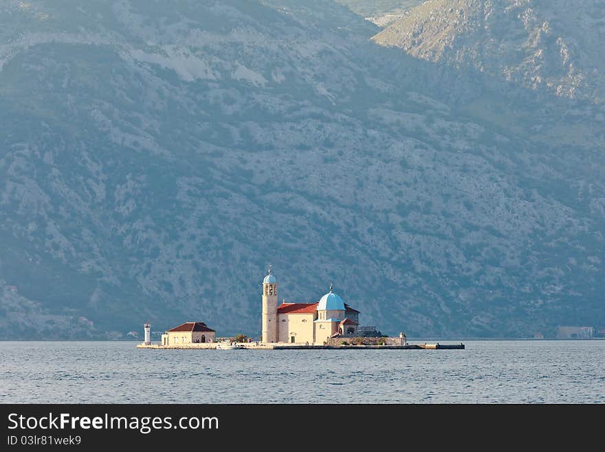 The Church of Our Lady of the Rock (Gospa od Skrpjela) build in 1630 on top of an artificial island, Kotor Bay, Montenegro