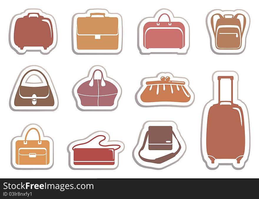 Simple icons of bags and handbags on stickers. Simple icons of bags and handbags on stickers