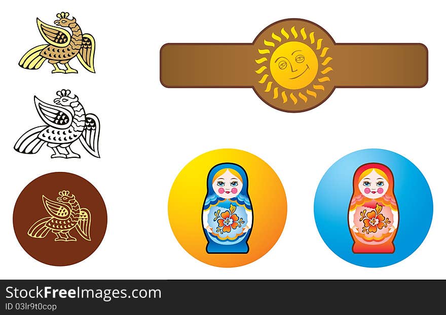 Bird, nesting dolls and sun in style of traditional Russian ornaments, templates for logo, vector illustration. Bird, nesting dolls and sun in style of traditional Russian ornaments, templates for logo, vector illustration