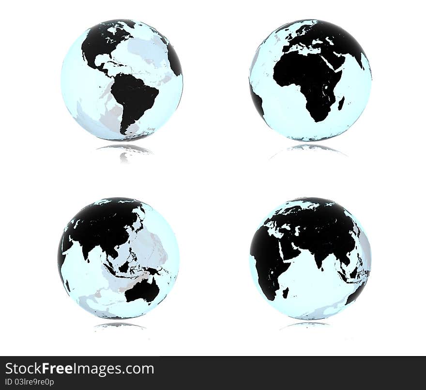 For different views of planet earth made of clear and black glass isolated on white. For different views of planet earth made of clear and black glass isolated on white.