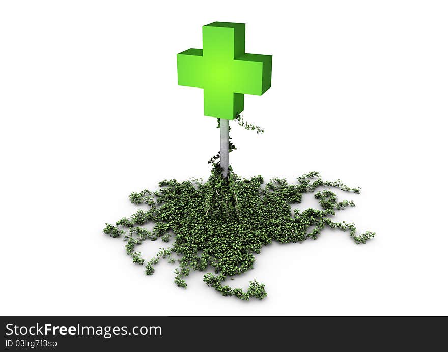 Render of a medical symbol and ivy on a white background. Render of a medical symbol and ivy on a white background