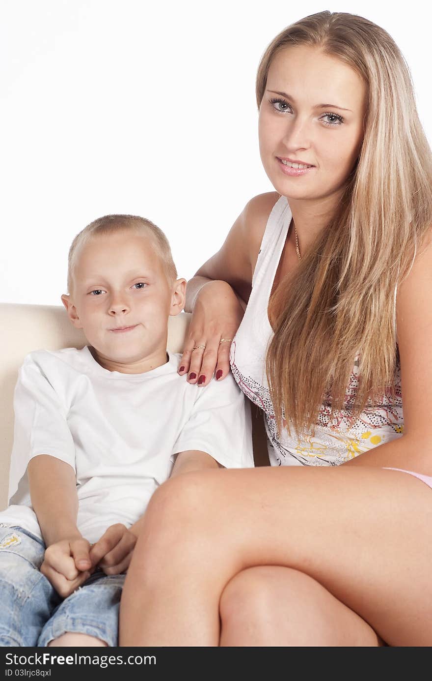 Mom and her son on a white background. Mom and her son on a white background