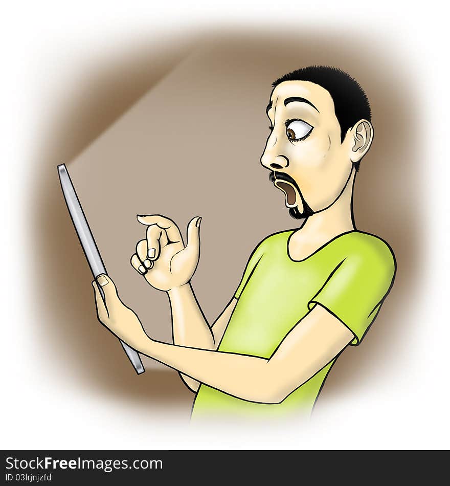 Man uses tablet and is surprised. Man uses tablet and is surprised