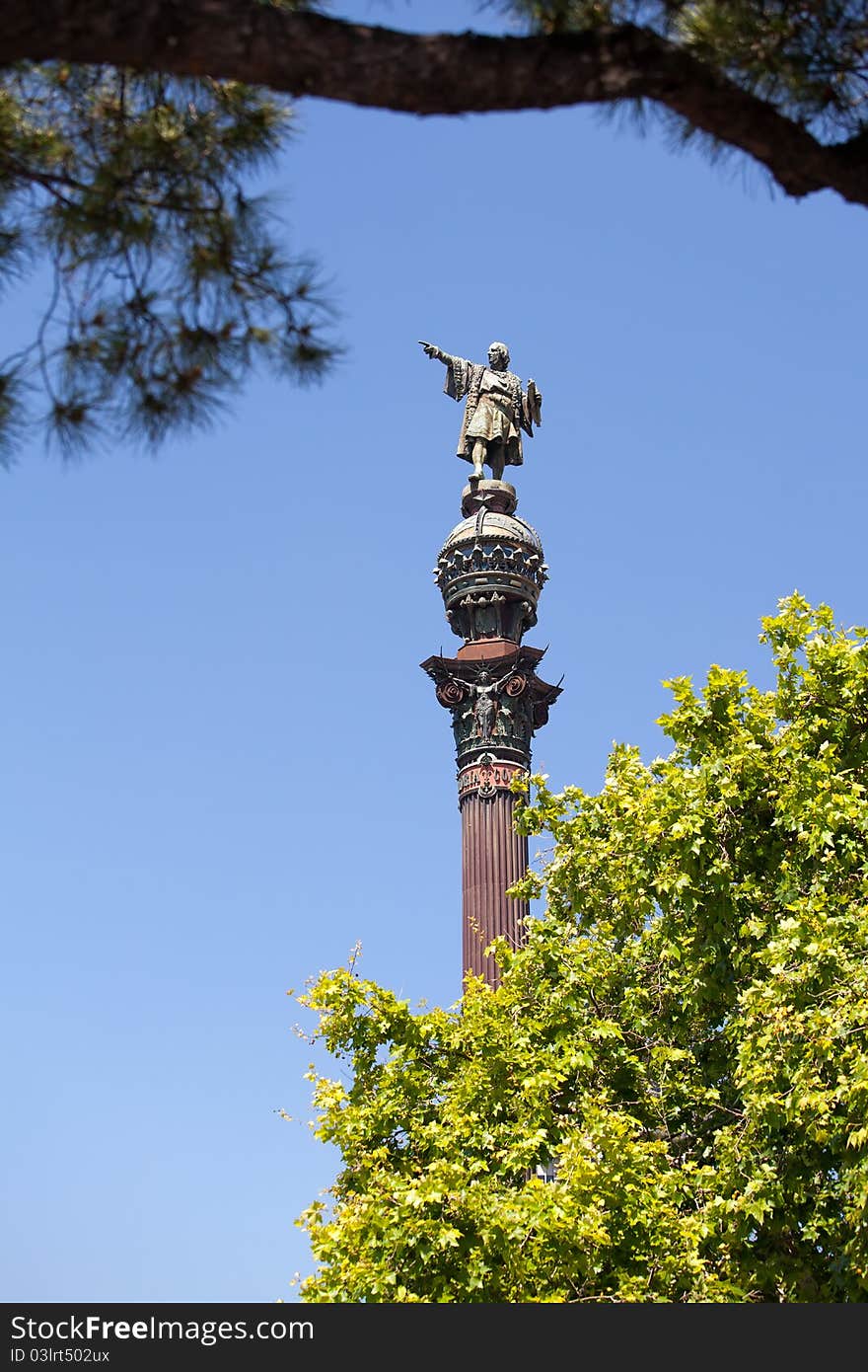 Christopher Columbus pointing out over the mediterranean at the top of his Column at the foot of La Rambla, Barcelona. Christopher Columbus pointing out over the mediterranean at the top of his Column at the foot of La Rambla, Barcelona