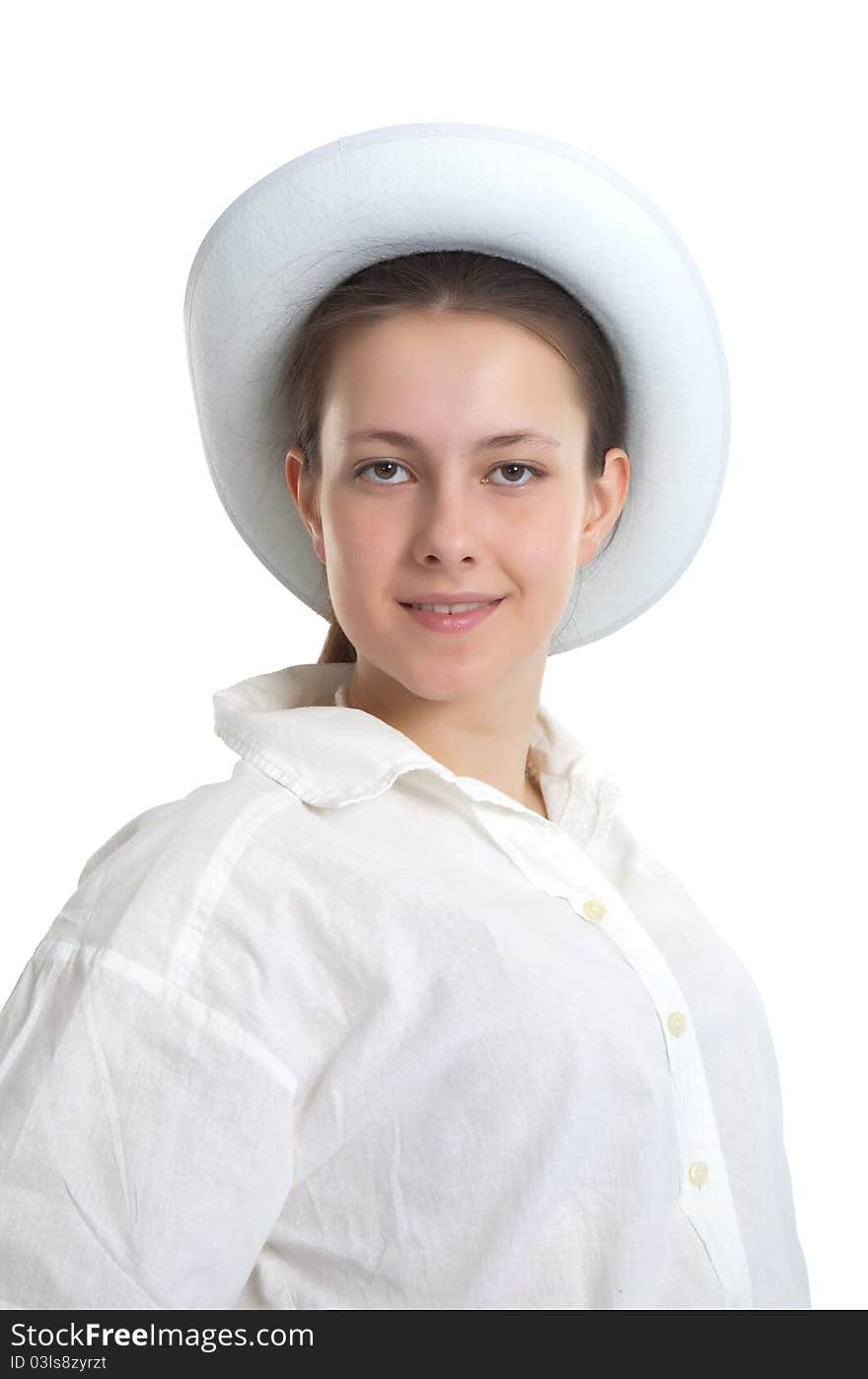 A young girl in a white hat isolated on white background