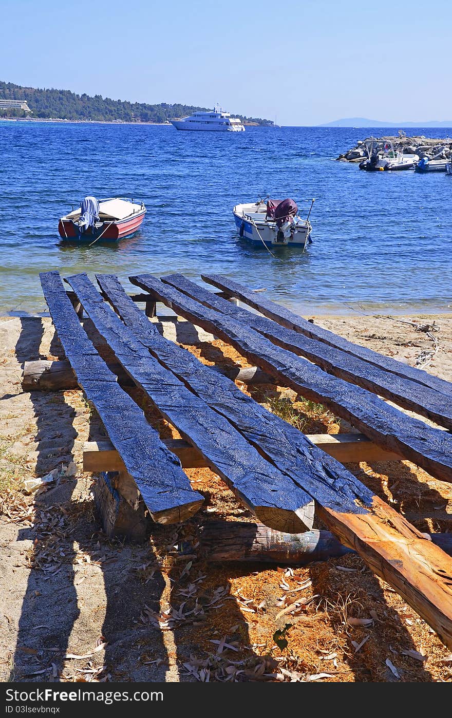 Wooden ramp for boats on the beach