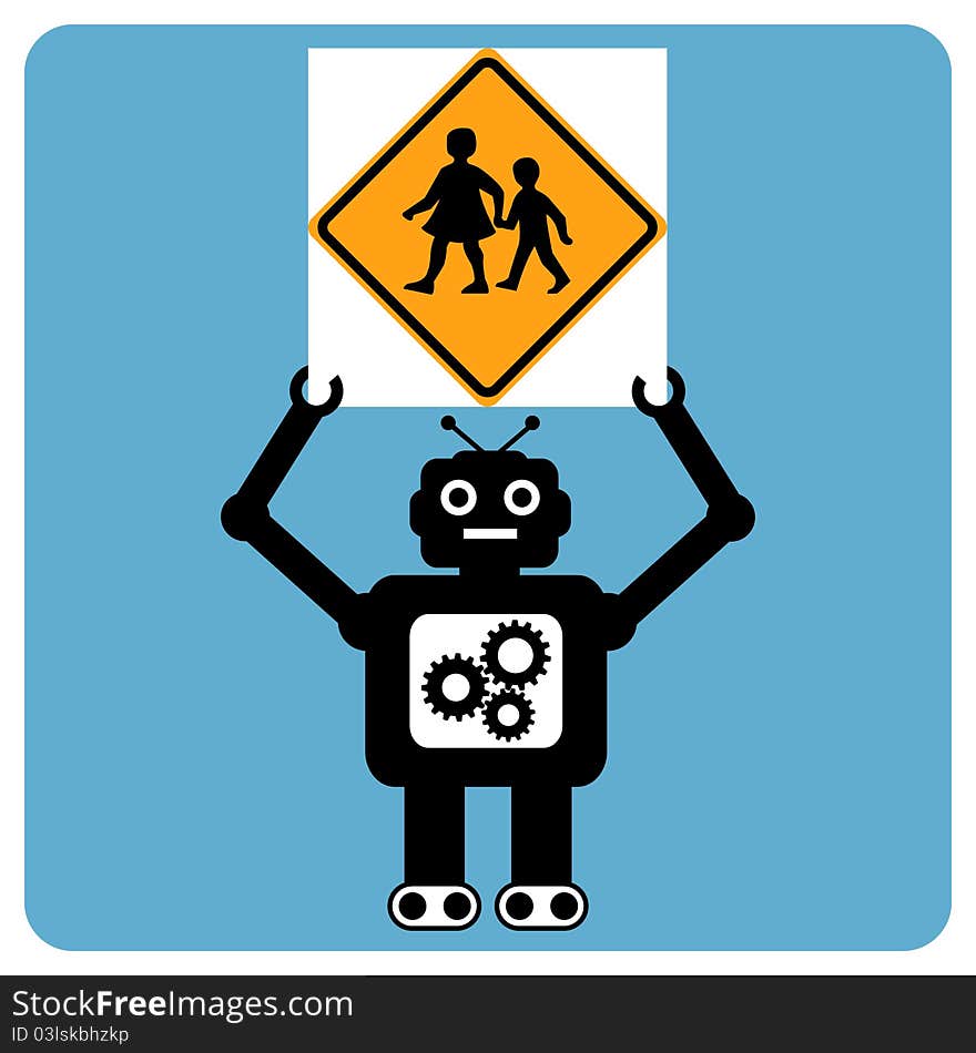 Modern Robot With Traffic Sign