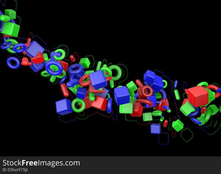 Render of colorful geometric shapes on a black background. Render of colorful geometric shapes on a black background