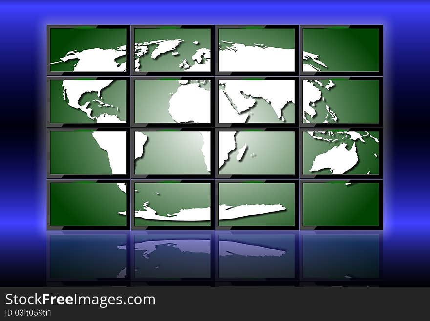 A world map displayed on a group of monitors. A world map displayed on a group of monitors